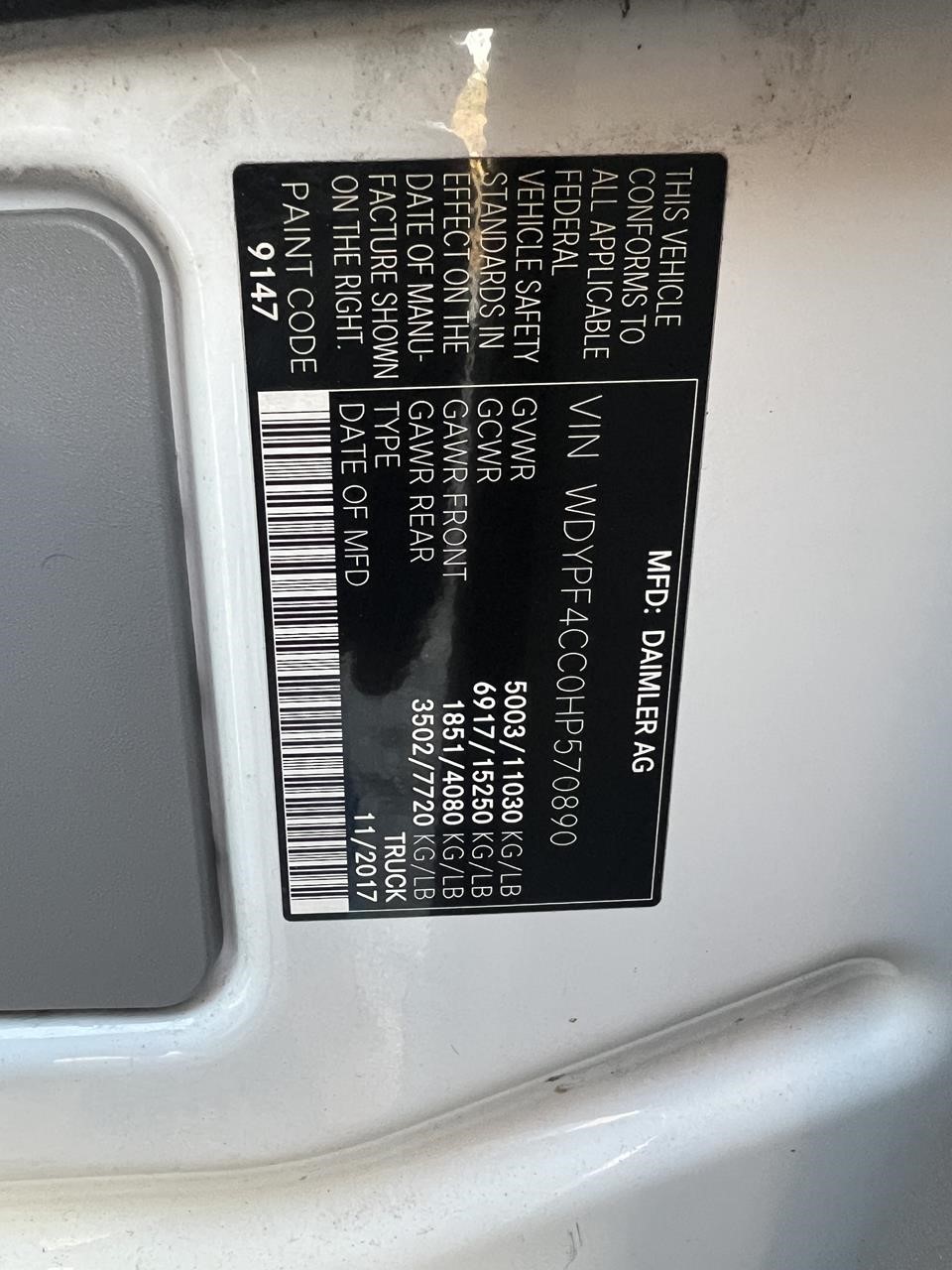 2017 FREIGHTLINER SPRINTER 3500 10028380603 2017 FREIGHTLINER SPRINTER 3500 10028380603